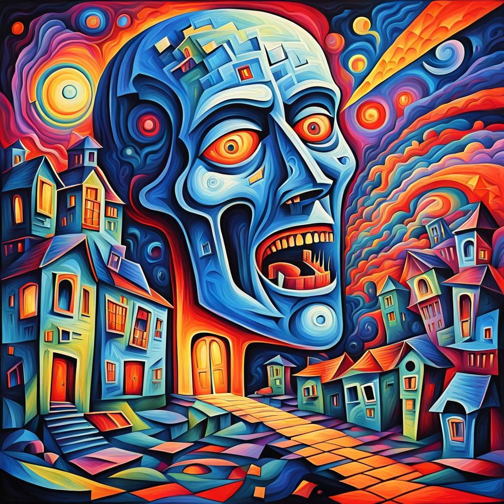 Surreal Cubist Dreamscape: A Psychedelic Horror