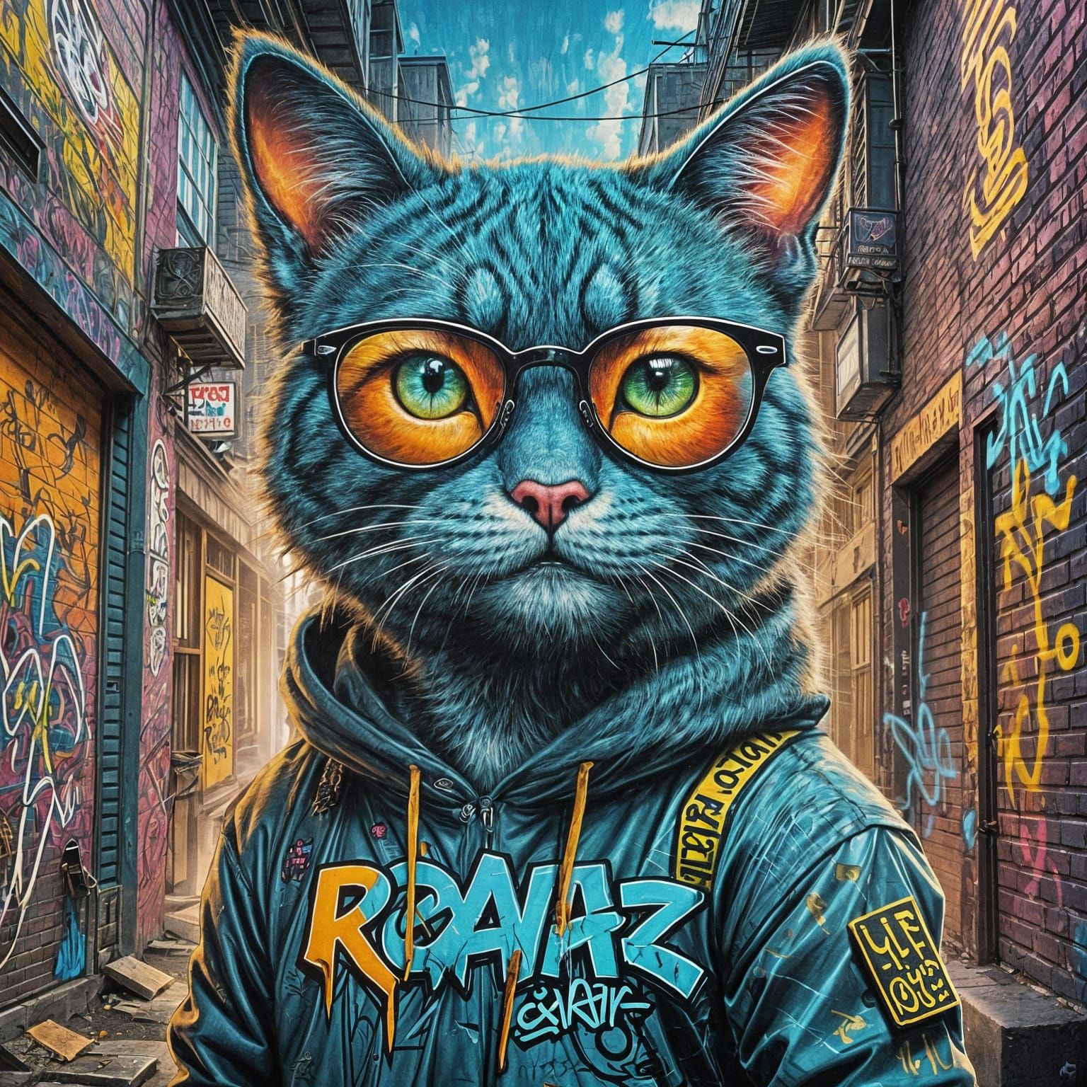 Vibrant Cyberpunk Graffiti Mural Depicting Alley Cat Ryan