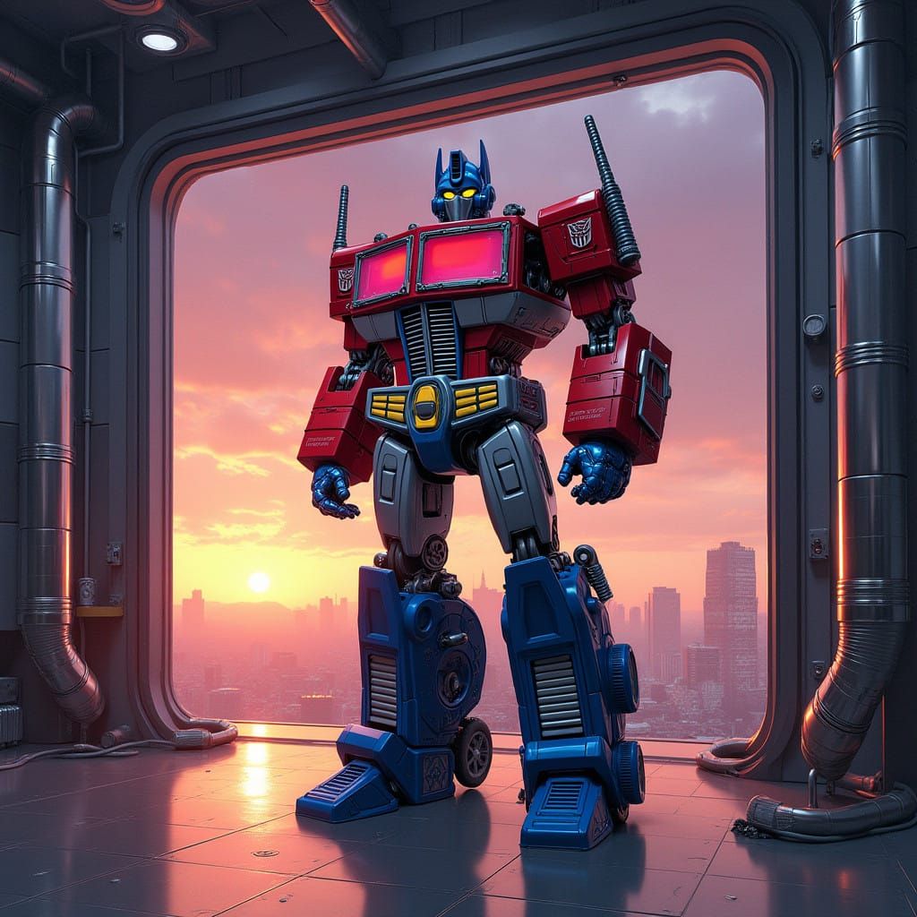 Cyberpunk Optimus Prime in Futuristic Garage