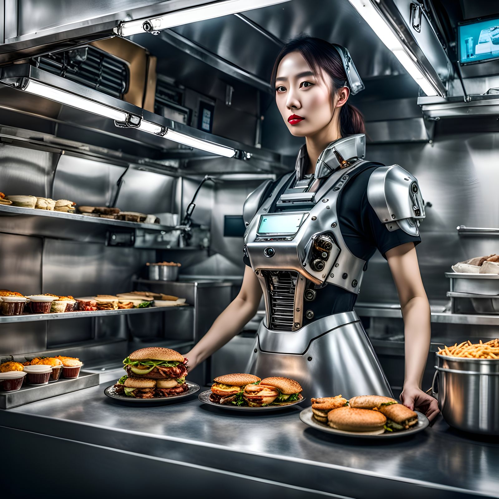 Robotic Waitresses in Korean Food Truck, Hyperrealistic