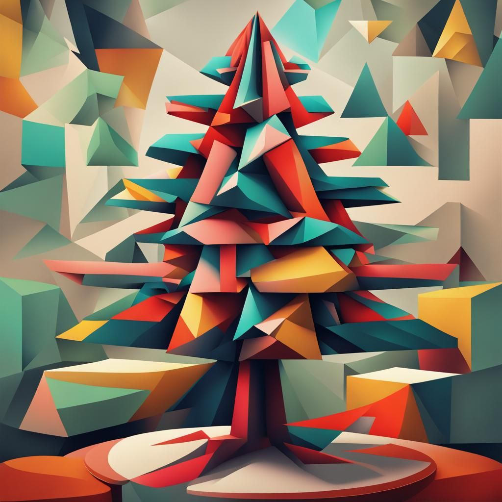 Cubist Christmas Tree in Geometric Fauvism Style