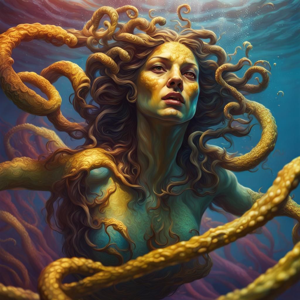 Hyperrealistic Medusa Swimming in Splash Art Style