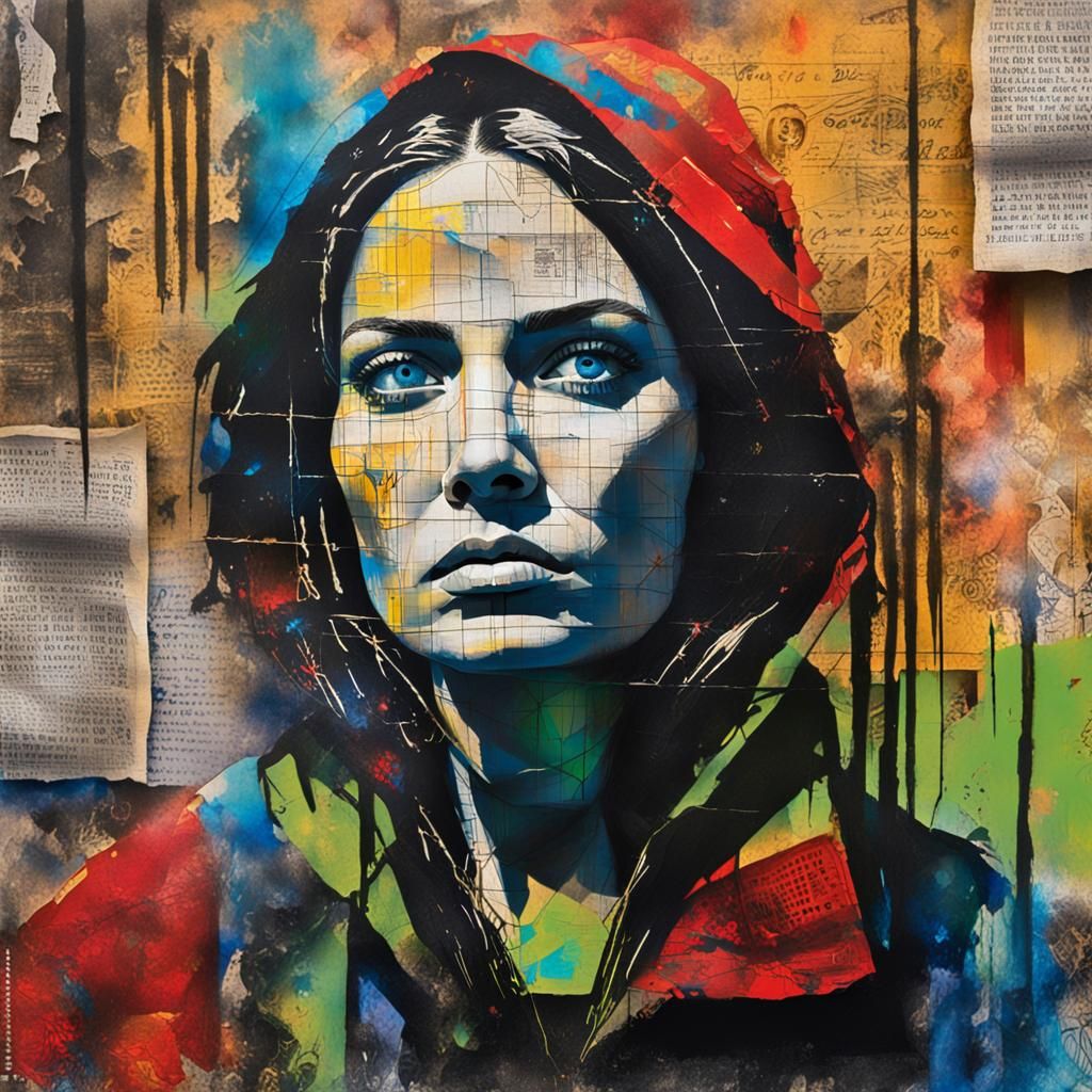 Street Art Portrait with Wireframe and Collage