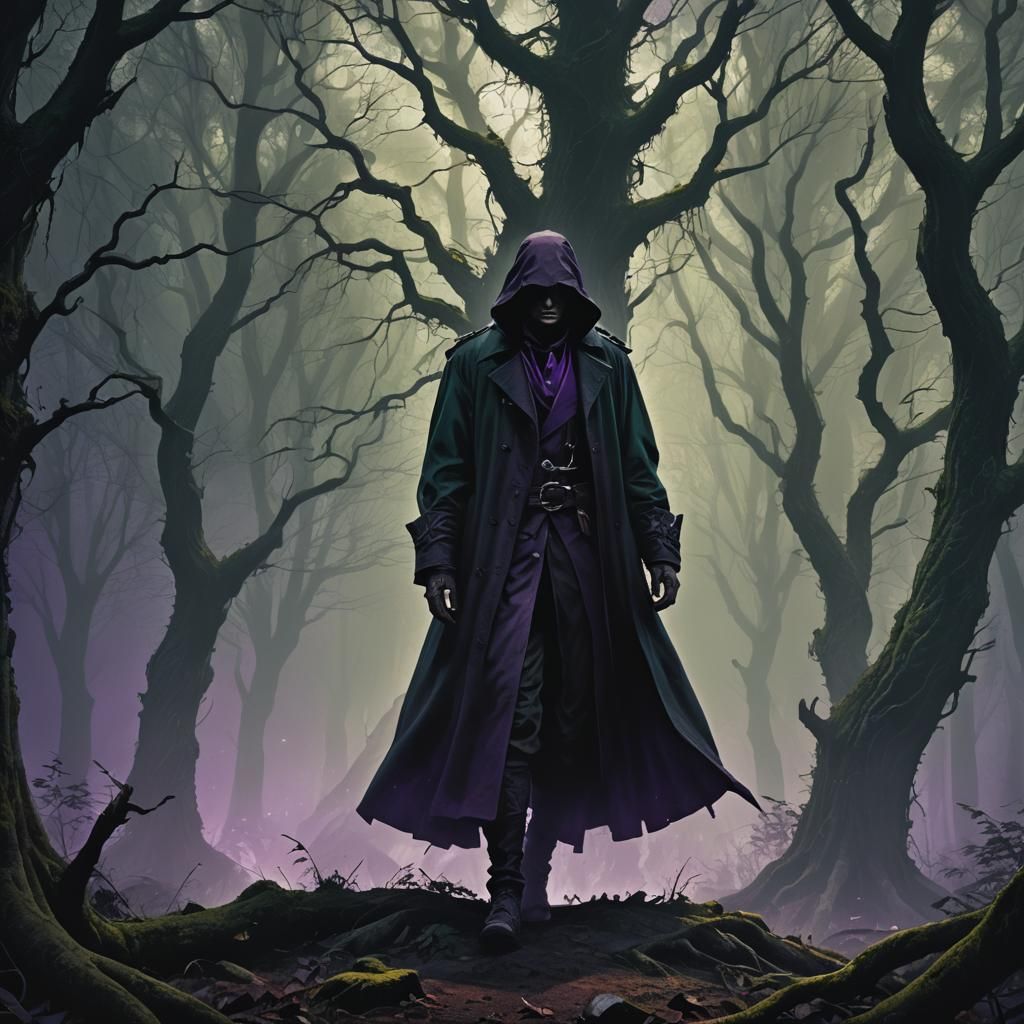 Ominous Figure at Forest Edge: Dark Fantasy Art