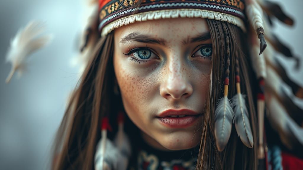 Native American Woman Portrait with Feathers