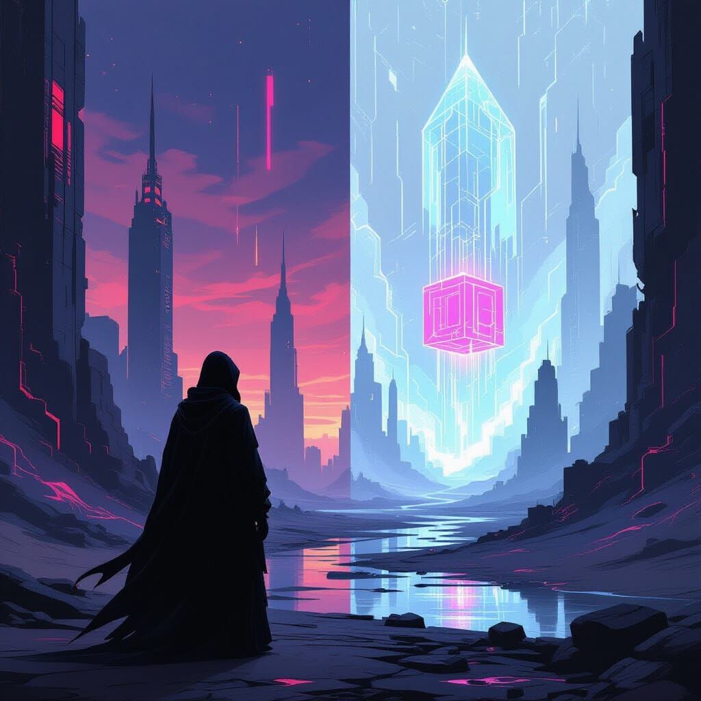 Cybernetic Monk Silhouette Between Worlds