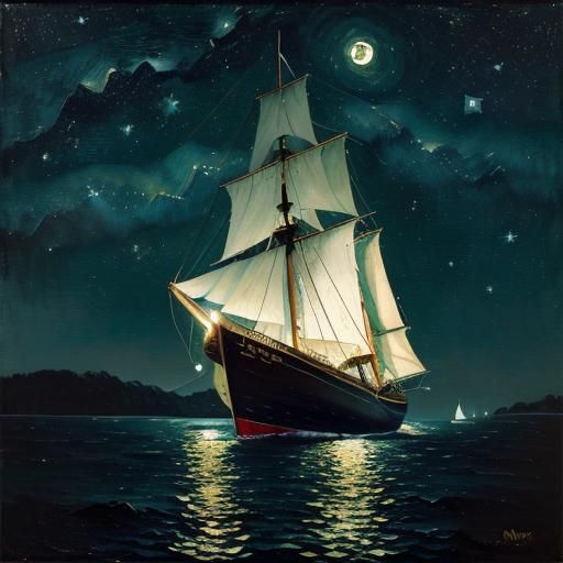 Impasto Oil Painting of Night Sailboat Under Stars