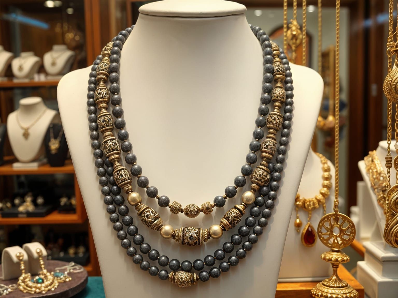 Ornate Beaded Necklace in Jewelry Store Display