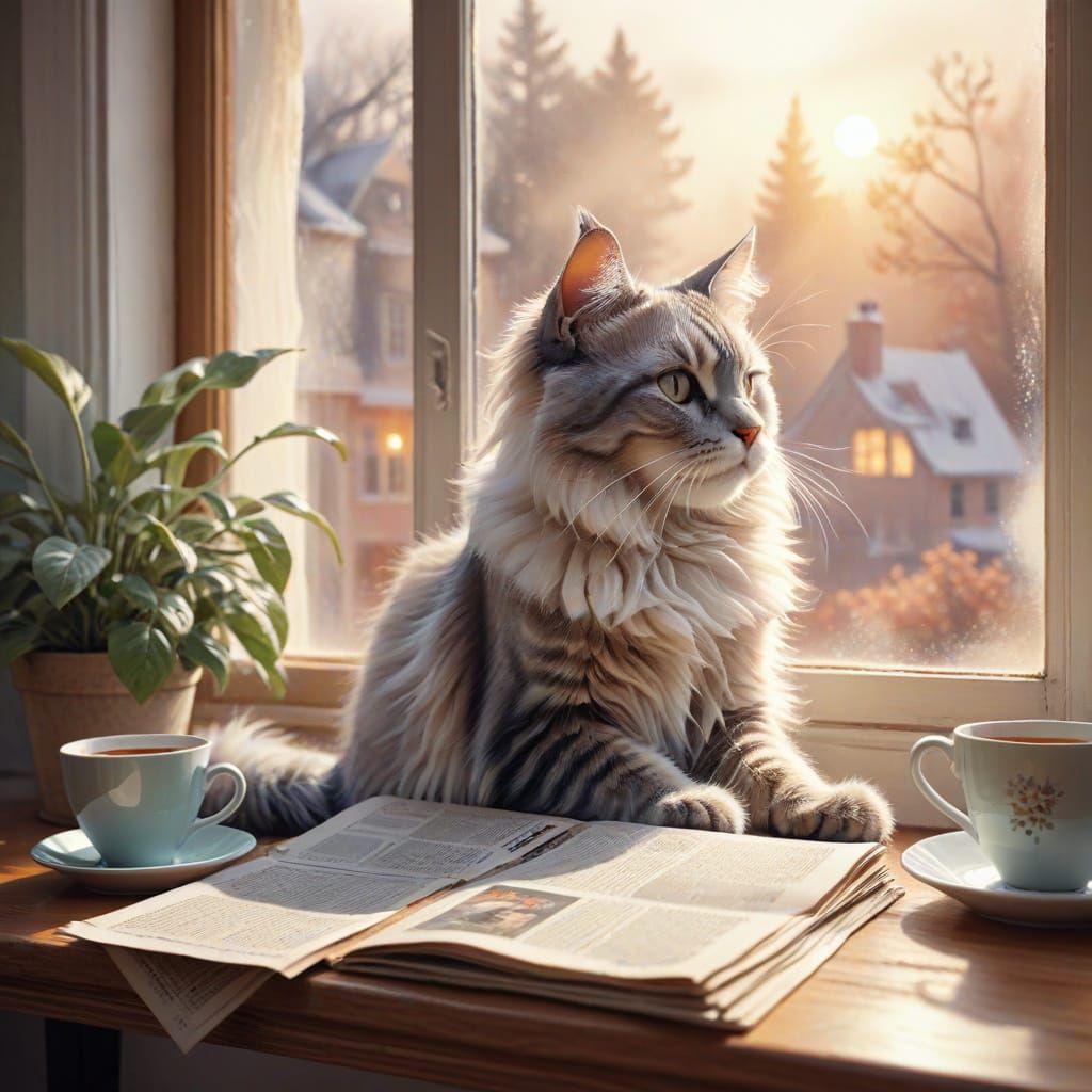 Cozy Cat Boomer Enjoying Tea: Watercolor Illustration