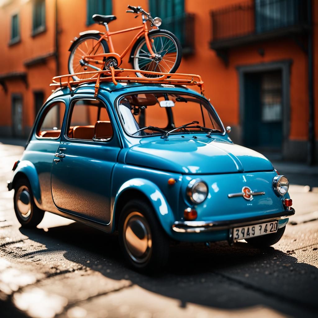 Orange Fiat 500 with Bicycle, Anime Style