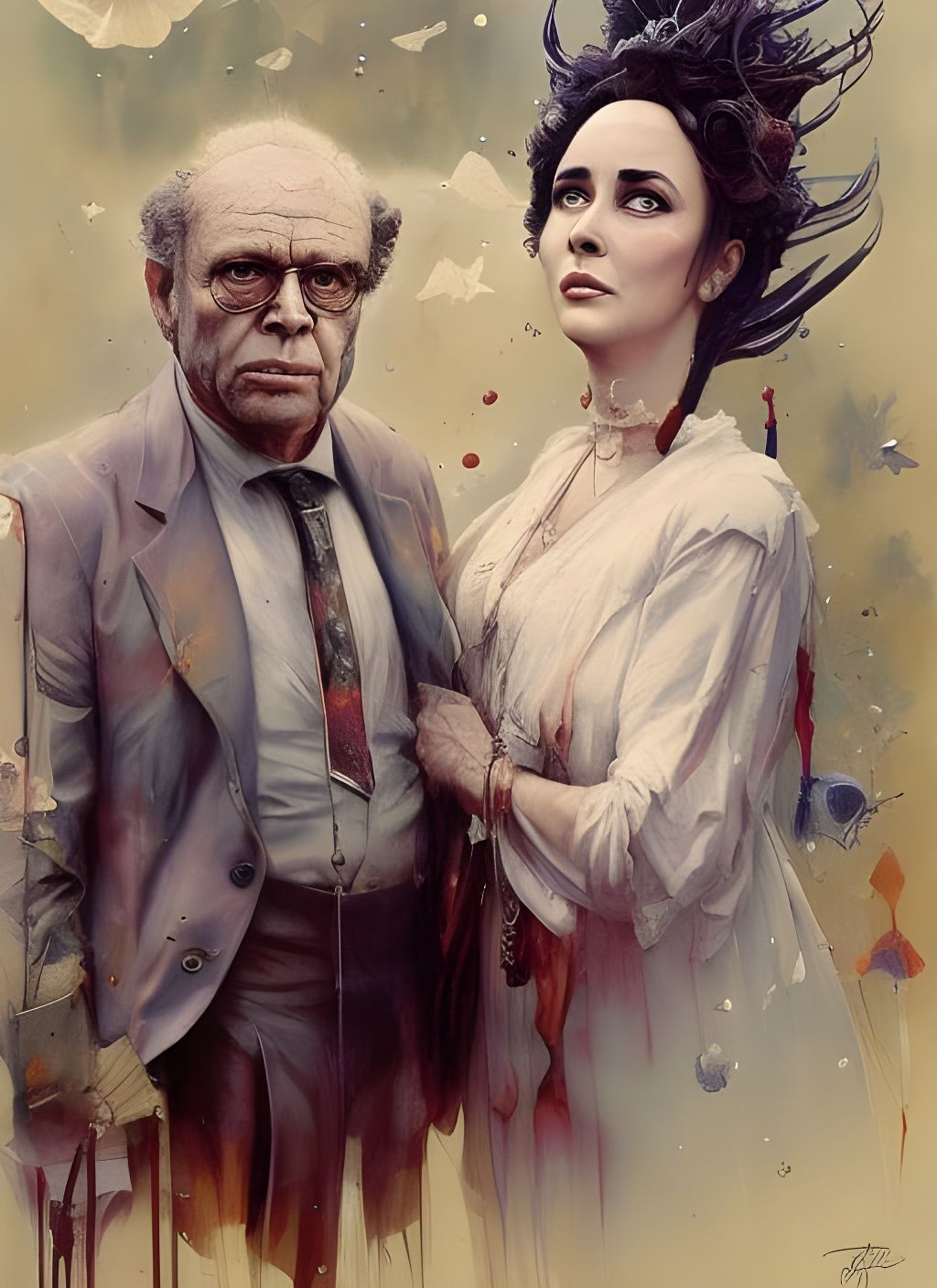 American Gothic Caricature with Famous Couple in Crayon