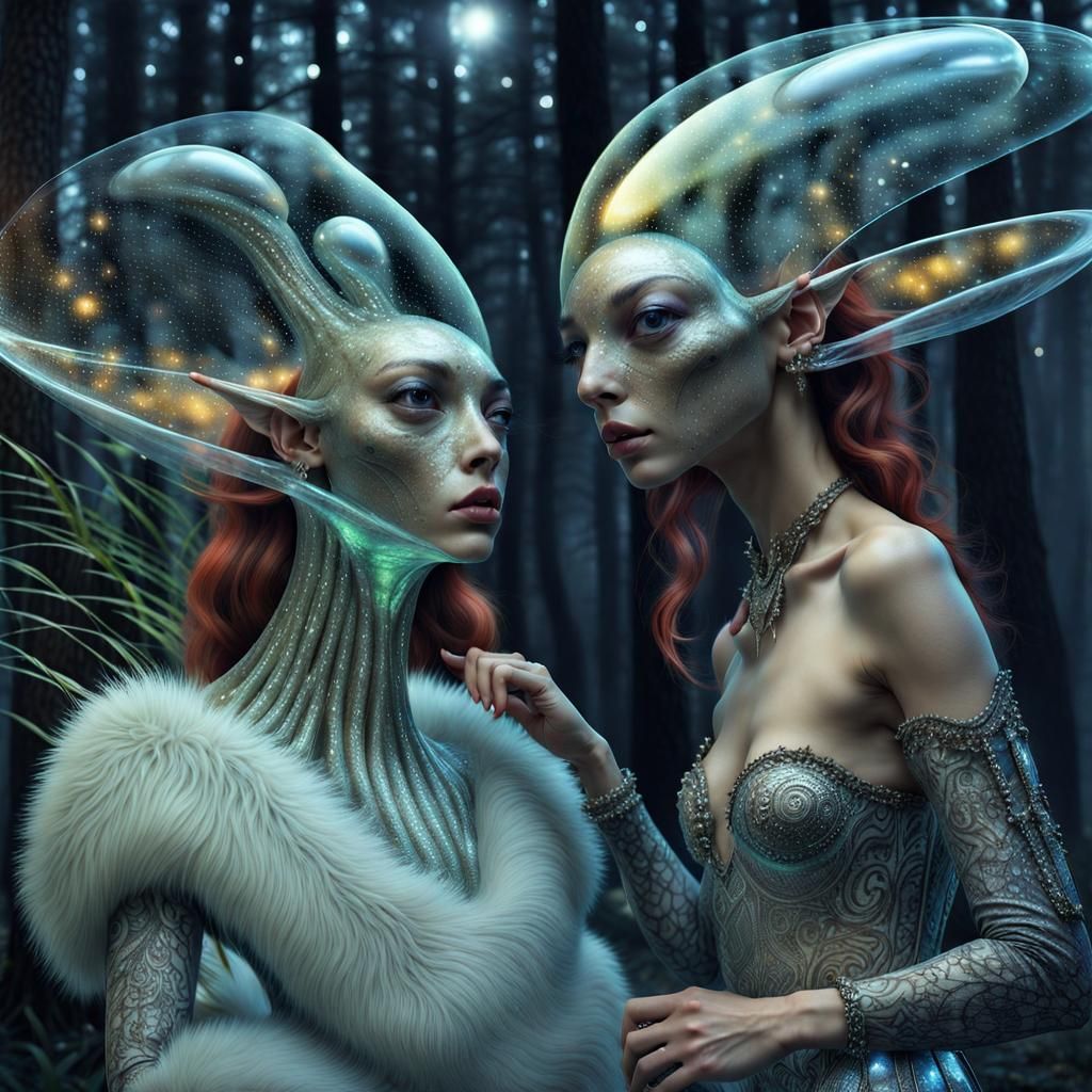 Magical Alien People and Pets in Surreal Landscape