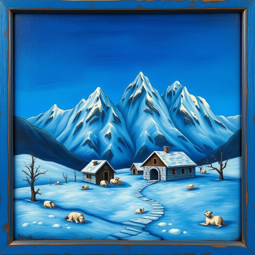 Vintage Cobalt Blue Swedish Alps Scene with Ice Brick Villag...