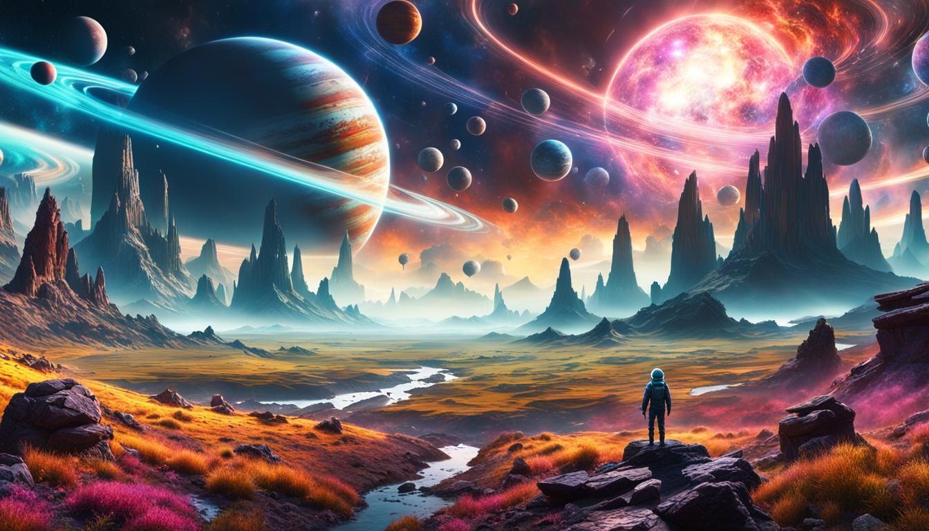 Surreal Space Landscape with Alien Planets in Digital Art