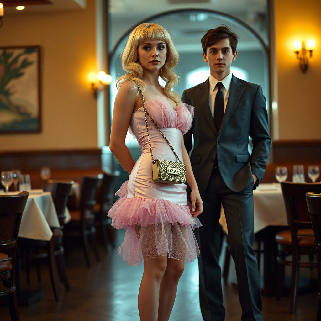 Crossdressing Teen in Pink Dress, Cinematic Restaurant Scene
