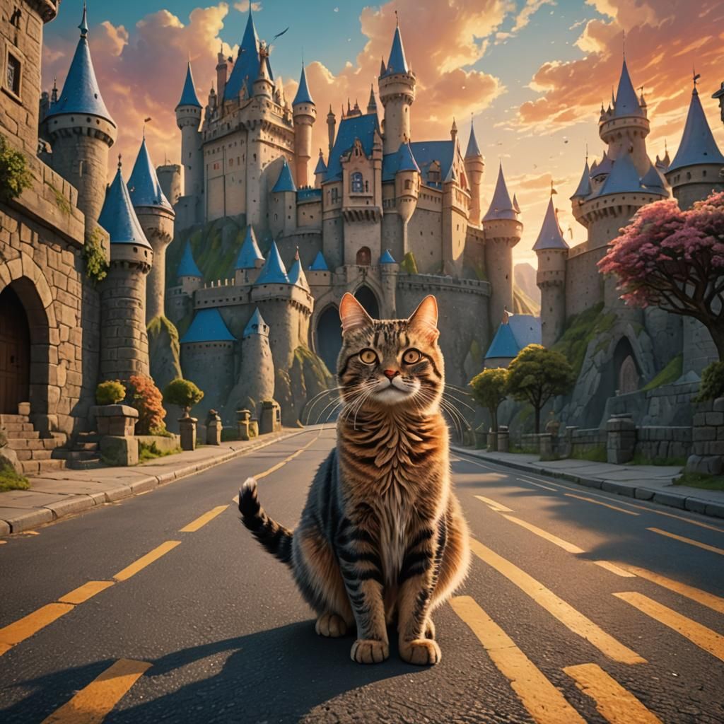 Cat Crosses Road Before Majestic Castle, Fantasy Art