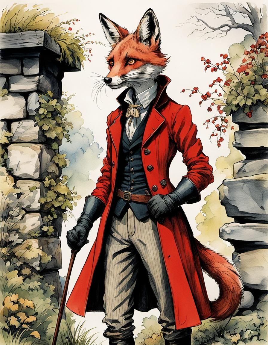 Fox Huntress in Rackham-esque Watercolor Style