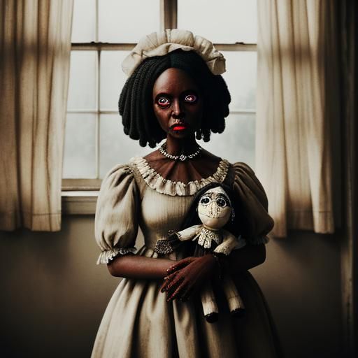Black Girl with Antique Doll in Sunlit Room