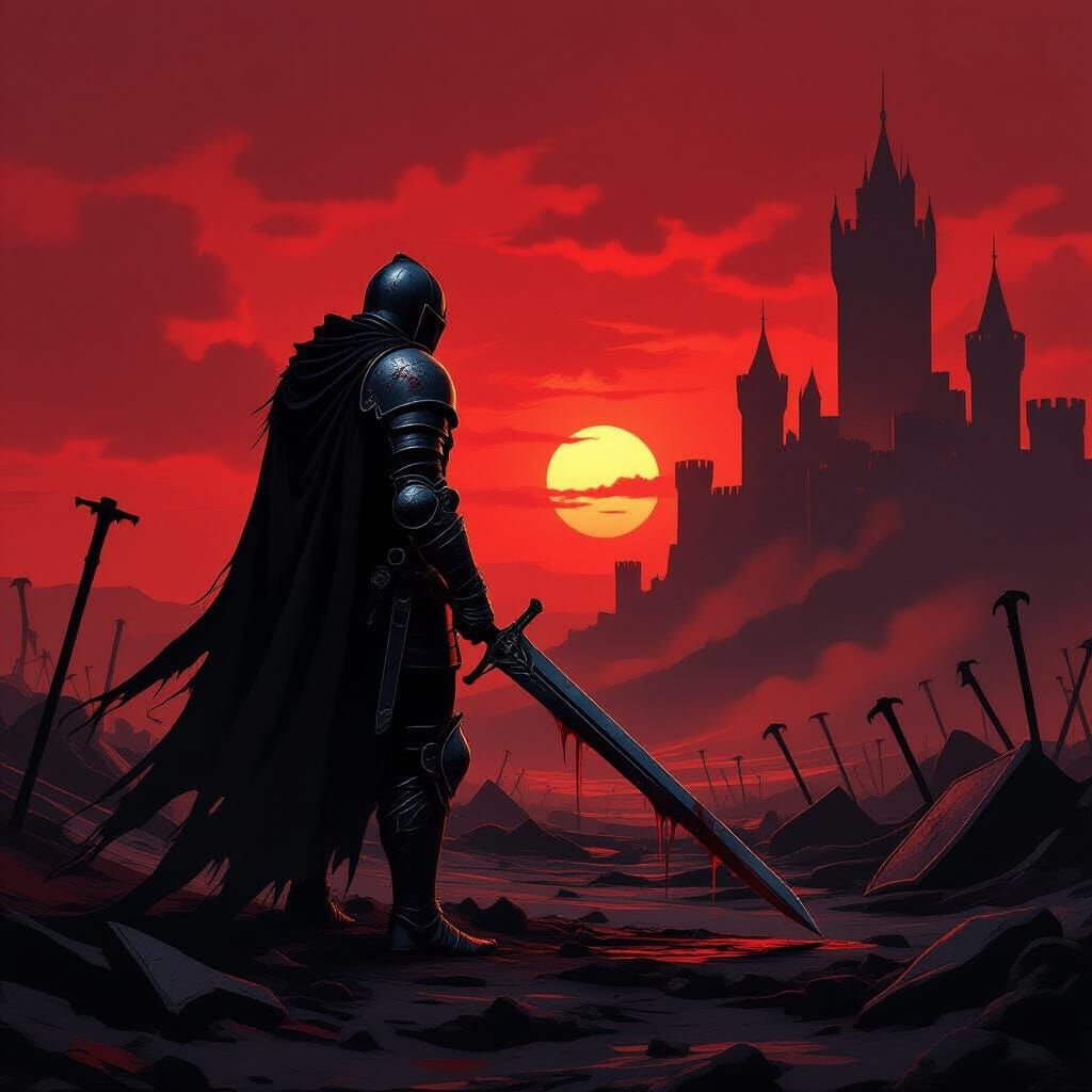 Knight Silhouetted Against a Blood-Red Sunset