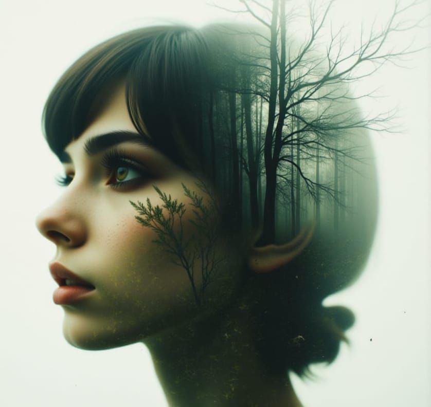 Woman Double Exposure in Mysterious Forest