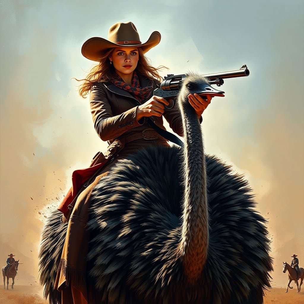 Female Gunslinger Rides Ostrich in the Old West