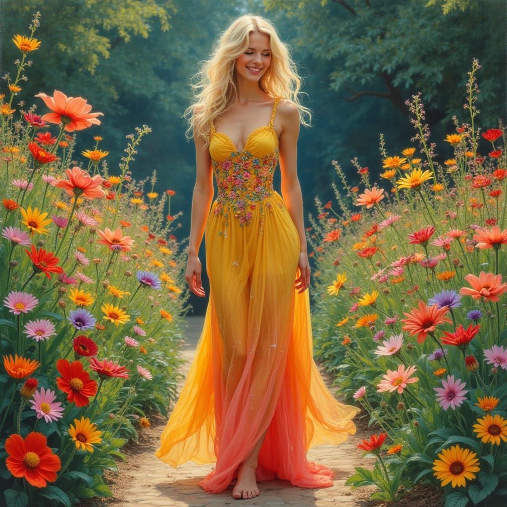 Woman in Rainbow Dress in Flower Garden, Art Nouveau Style