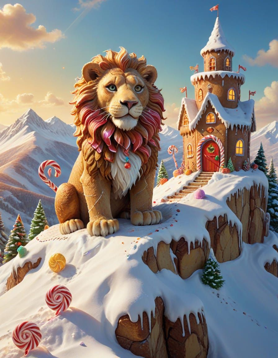 Gingerbread Lion Guards Candy Fortress, Whimsical Illustrati...