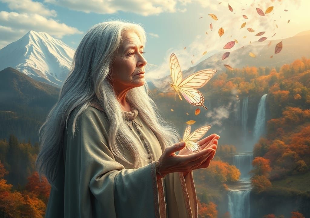 Ethereal Woman Creates Landscape with Magical Breath