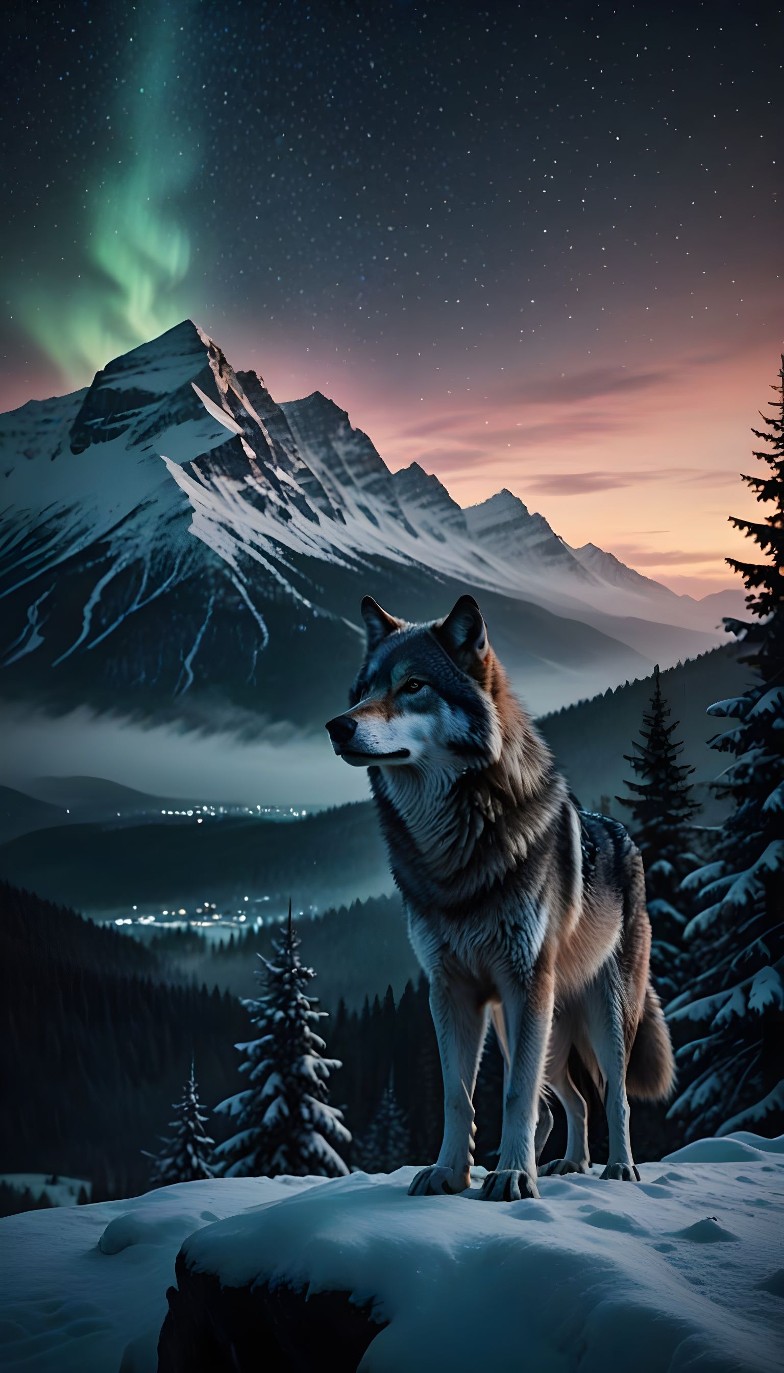 Mystical Grey Wolf Stands Amidst Celestial Magic