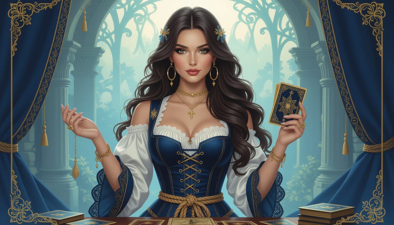 Ethereal Fortune Teller with Tarot Deck in Misty Glow