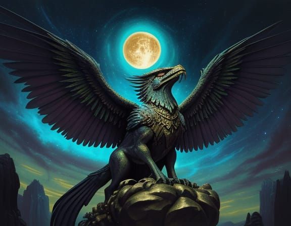 Winged Gargoyle in Cosmic Zen Garden, Surreal Art