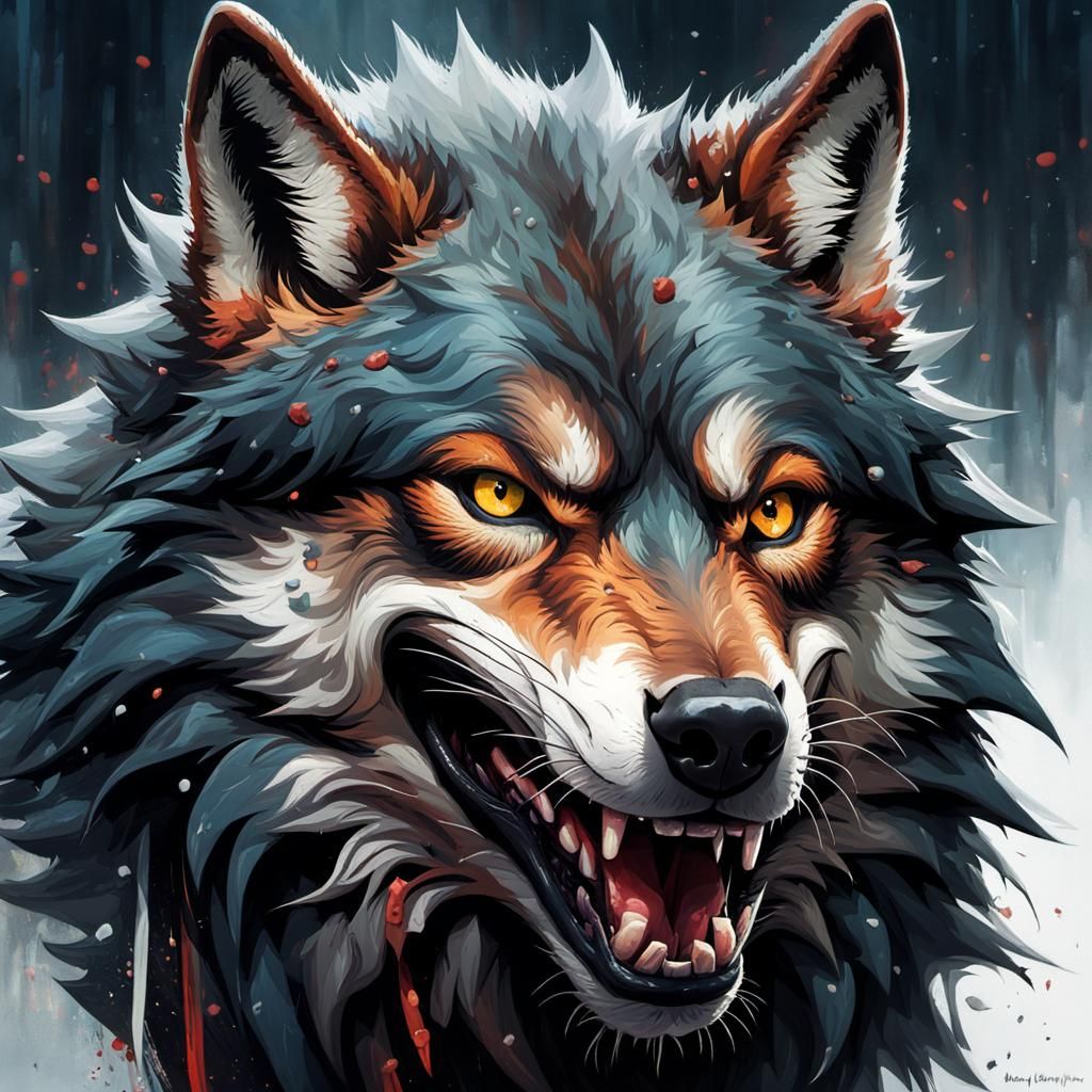 Enthusiastic Grinning Wolf Portrait in Detailed Fantasy Pain...