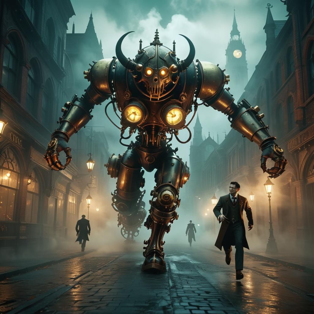 Steampunk Demon Chasing Chemist in Gothic City