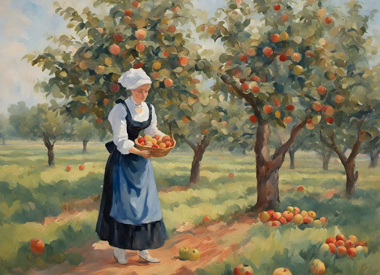 French Maid Picking Apples: Gouache Style Landscape
