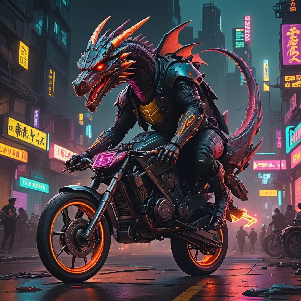 Cyberpunk Dragon Rides Bike in Neon City