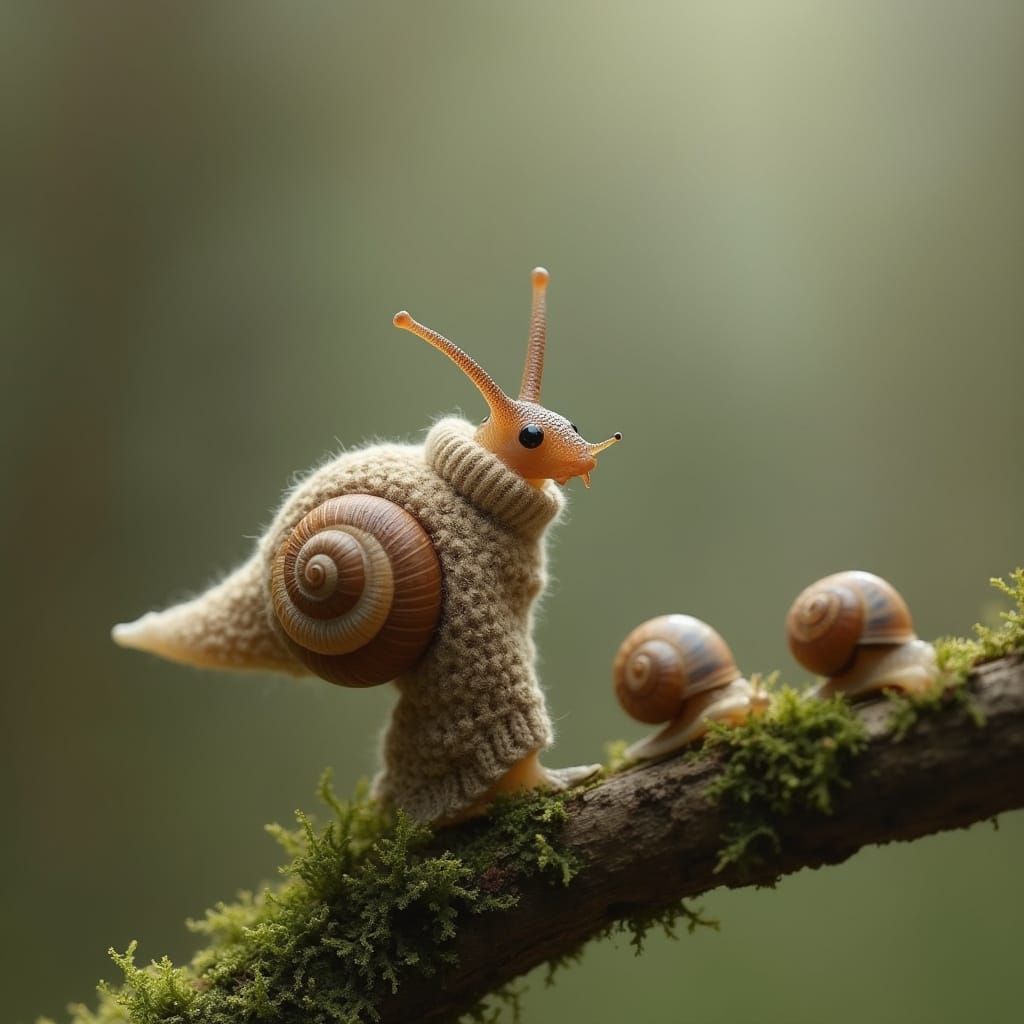 Snail in Sweater on Mossy Branch