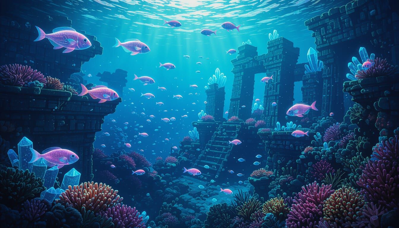 Alien Coral Reef with Sunken Ruins in Cosmic Surrealism Styl...