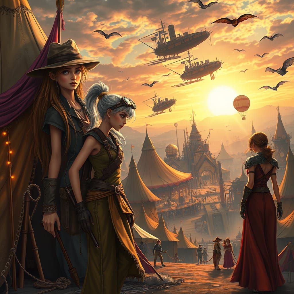 Steampunk Fairy Merchant in Colorful Tent City at Sunset