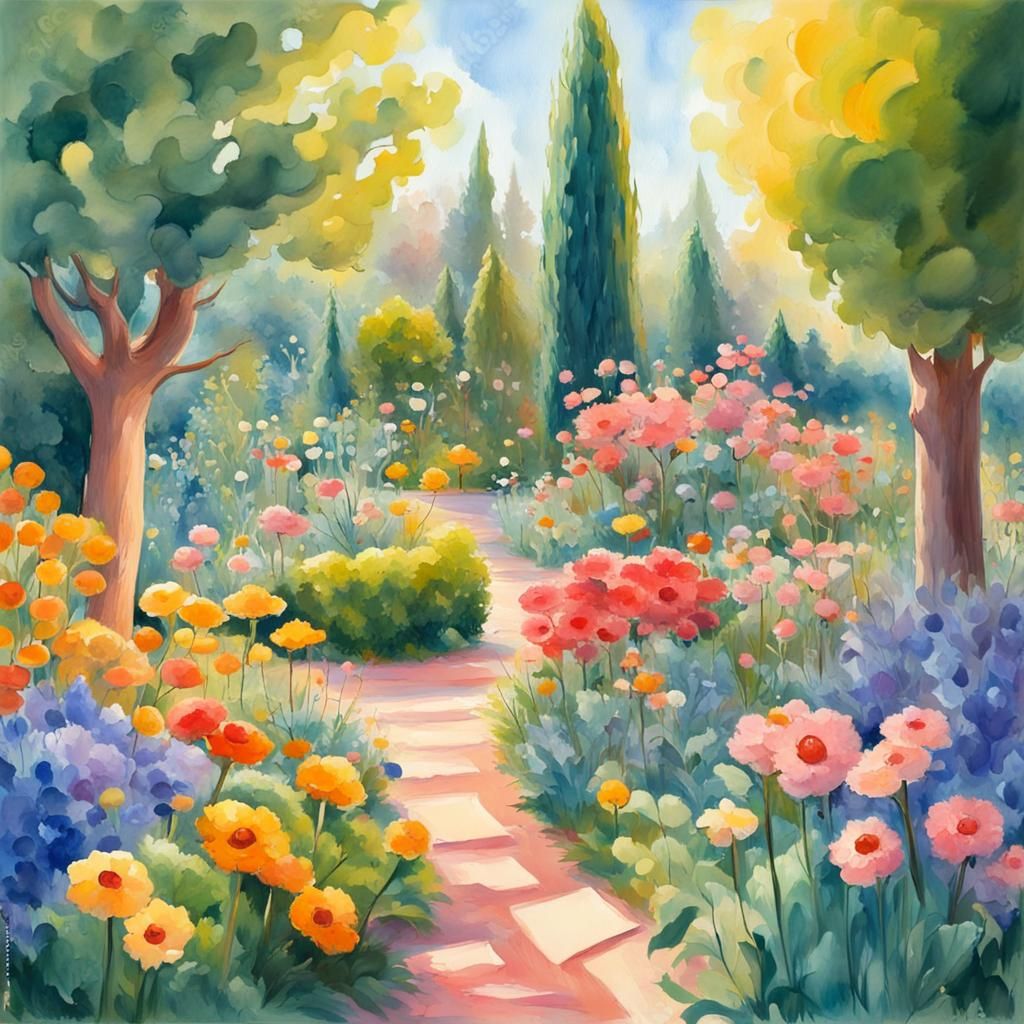 Magical Cartoon Garden with Numbers in Gouache Style
