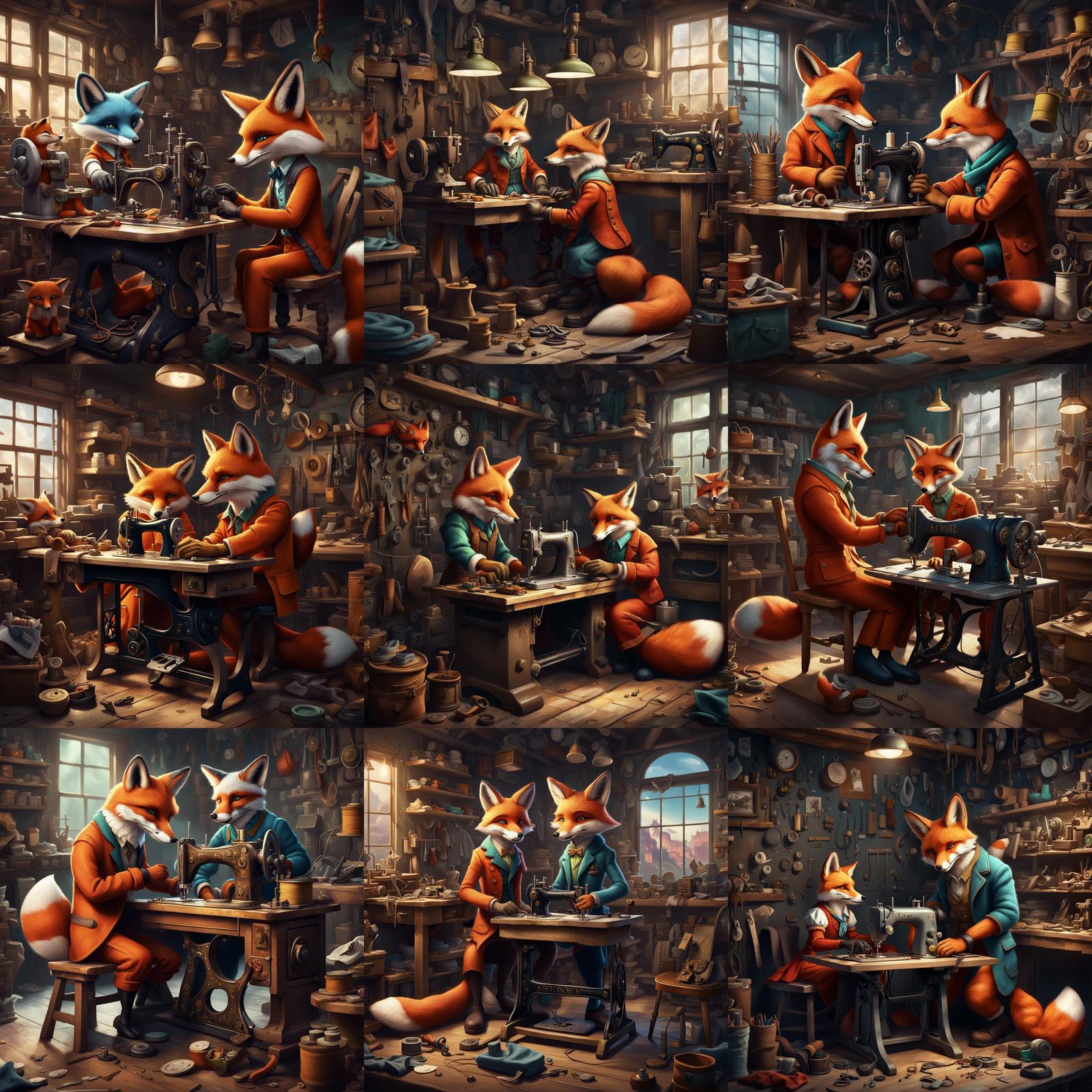 Anthropomorphic Foxes in Workshop: Detailed Matte Painting