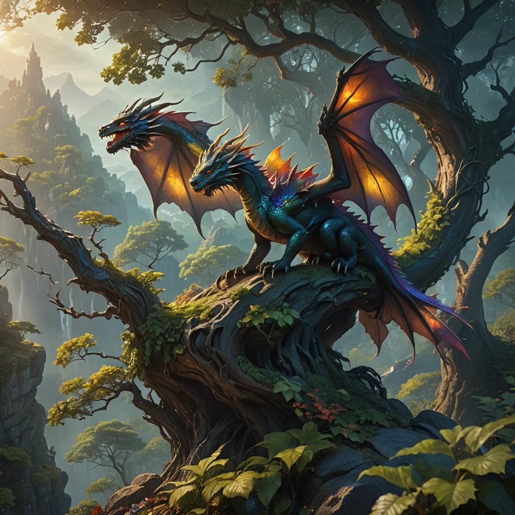 Iridescent Dragon Overlooking Mystical Forest: Fantasy Art