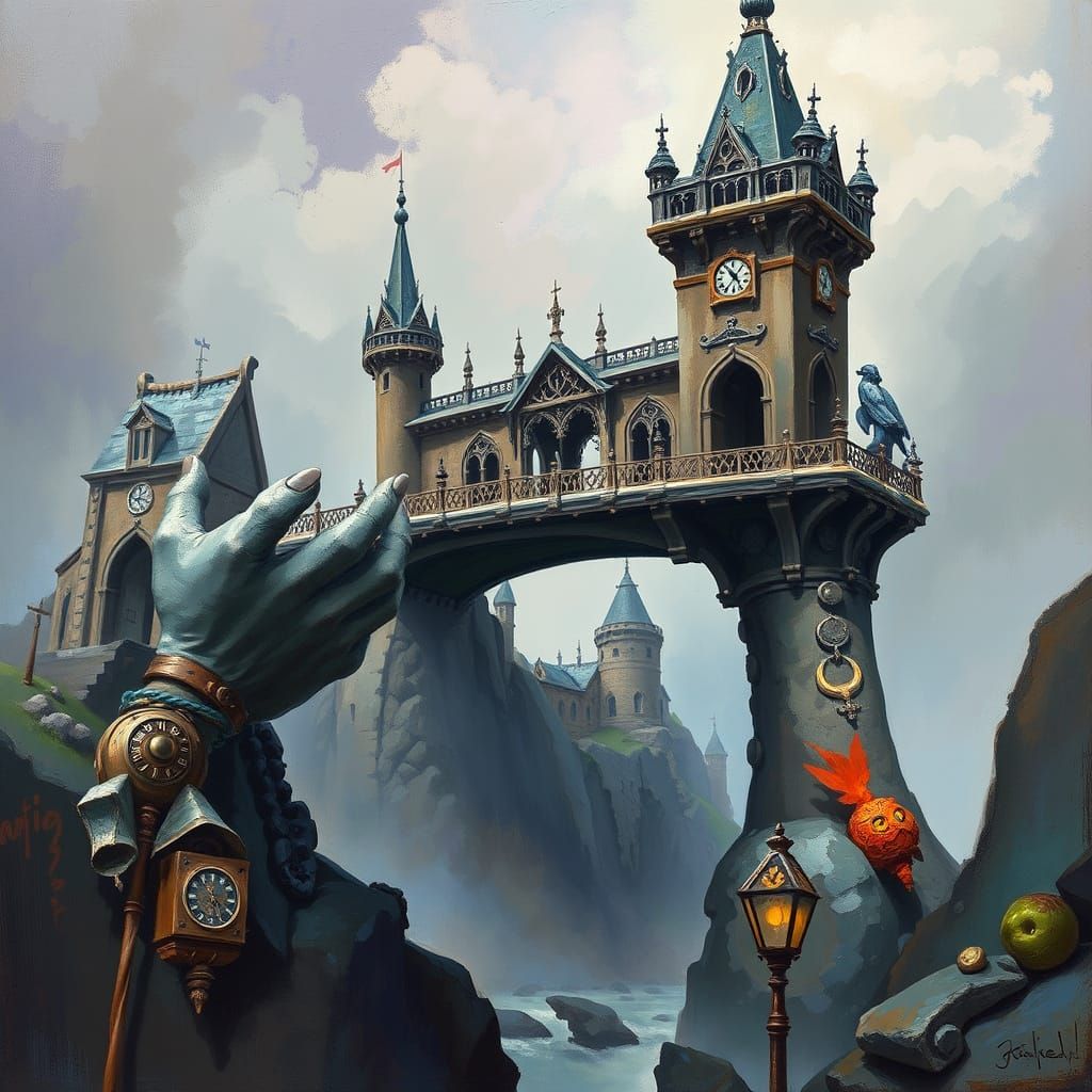 Fantasy Bridge Supported by Giant Stone Hands in Expressive ...