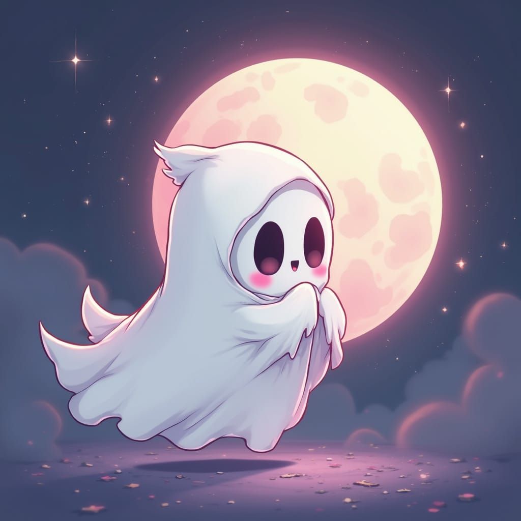 Ghost Hugging Pastel Moon in Kawaii Halloween Style