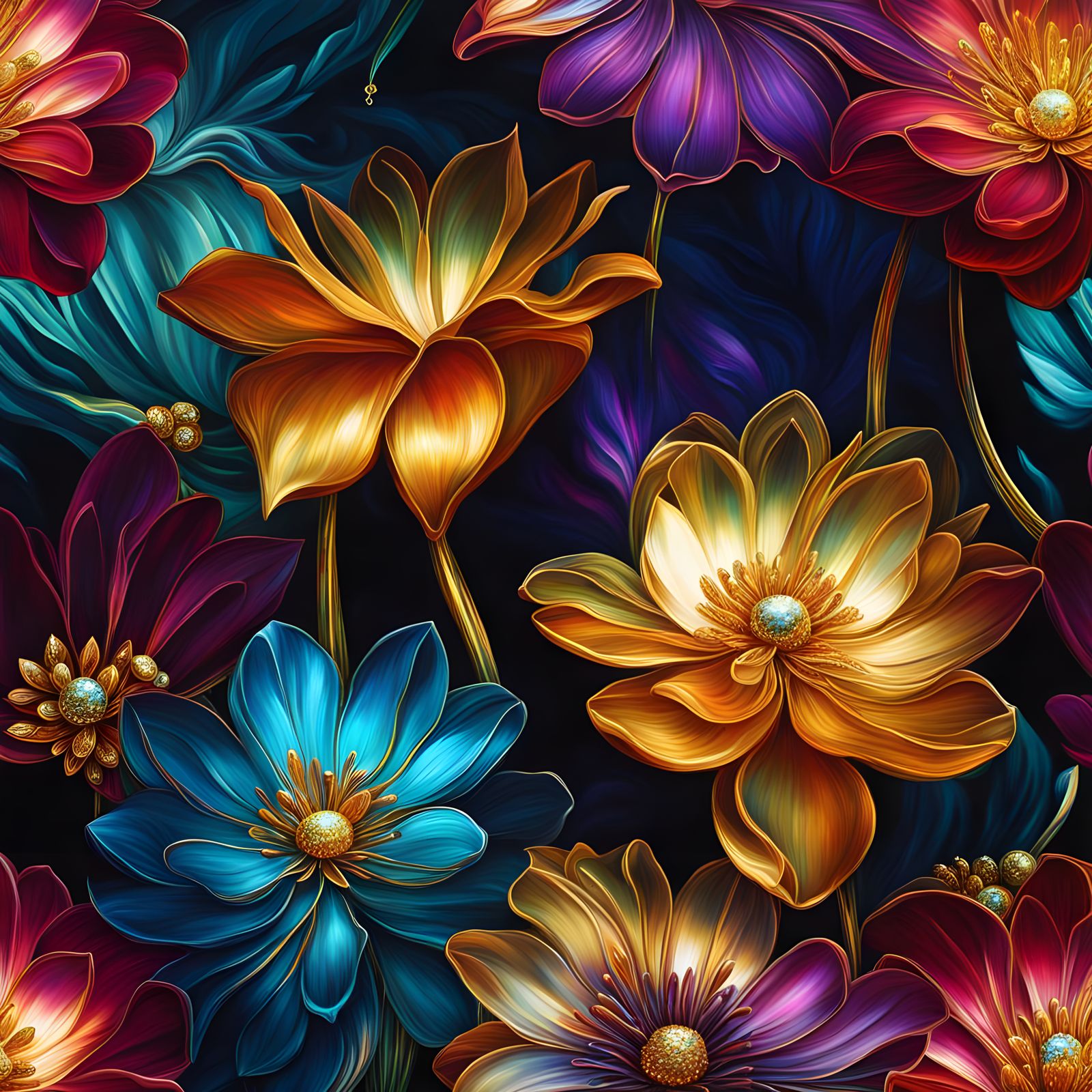 Bioluminescent Flowers Painting with Jewel Tones and Gold