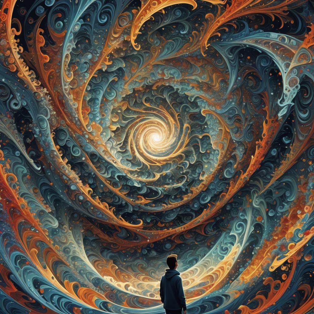 Person Amidst Swirling Data Vortex with Fractals