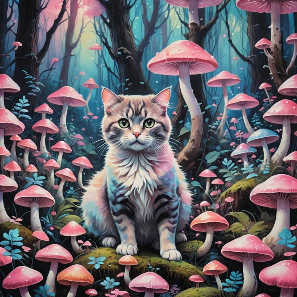Cute Cat in Mystical Pastel Mushroom Forest