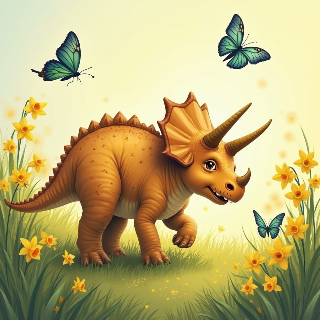 Vibrant Baby Triceratops Plays in Daffodil Meadow