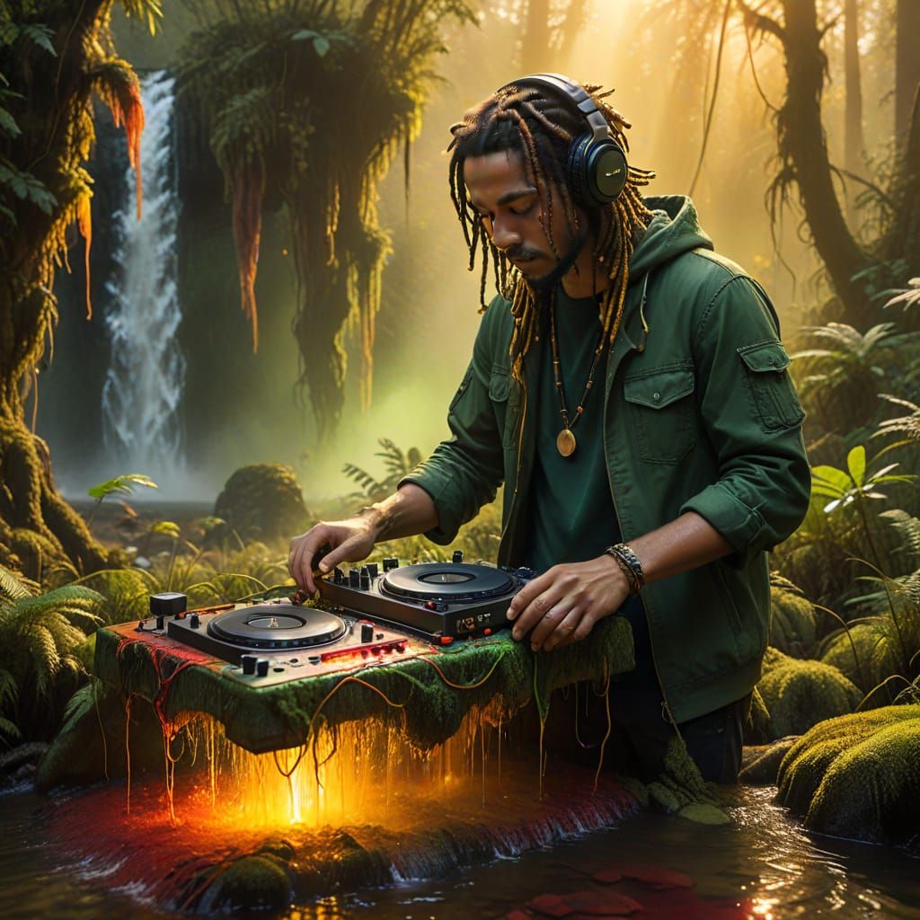 Floating Forest Oasis with Rasta DJ in Hyperreal Style