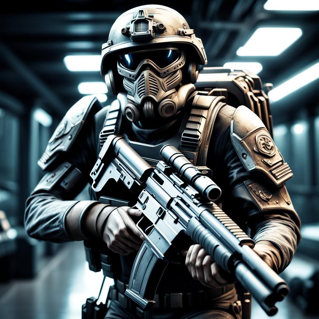 Hyperrealistic Starship Trooper Running with Guns