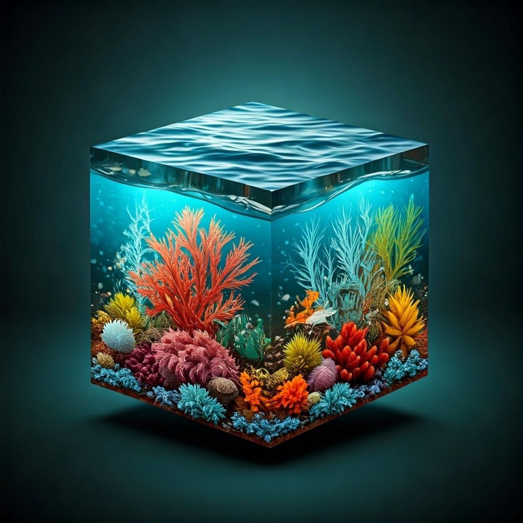 Surreal Underwater World in a Glowing Ocean Cube